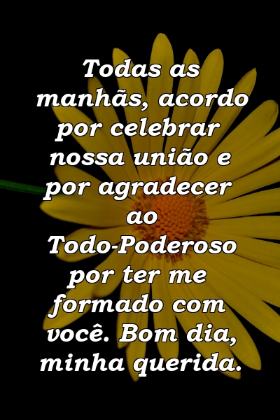 Todas as manhãs, acordo por celebrar nossa união e por agradecer ao Todo-Poderoso por ter me formado com você. Bom dia, minha querida.