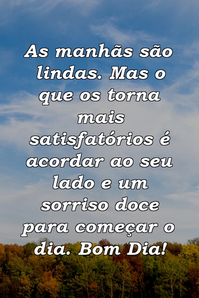 As manhãs são lindas. Mas o que os torna mais satisfatórios é acordar ao seu lado e um sorriso doce para começar o dia. Bom Dia!