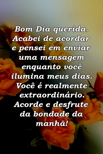 Bom Dia querida. Acabei de acordar e pensei em enviar uma mensagem enquanto você ilumina meus dias. Você é realmente extraordinário. Acorde e desfrute da bondade da manhã!