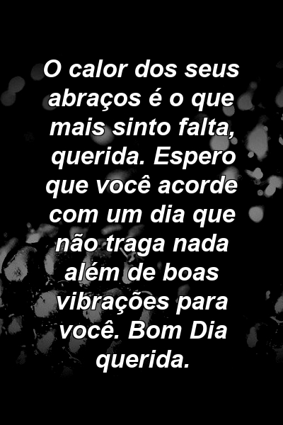 O calor dos seus abraços é o que mais sinto falta, querida. Espero que você acorde com um dia que não traga nada além de boas vibrações para você. Bom Dia querida.