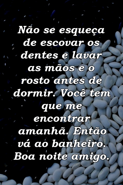 Não se esqueça de escovar os dentes e lavar as mãos e o rosto antes de dormir. Você tem que me encontrar amanhã. Então vá ao banheiro. Boa noite amigo.