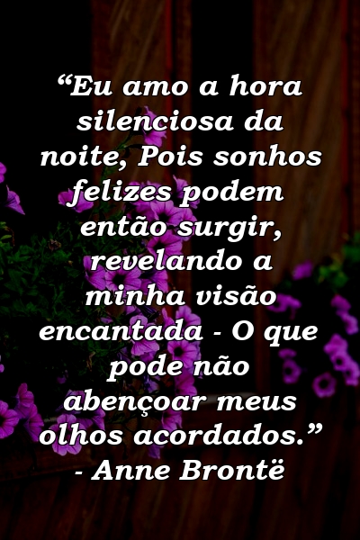 “Eu amo a hora silenciosa da noite, Pois sonhos felizes podem então surgir, revelando a minha visão encantada - O que pode não abençoar meus olhos acordados.” - Anne Brontë