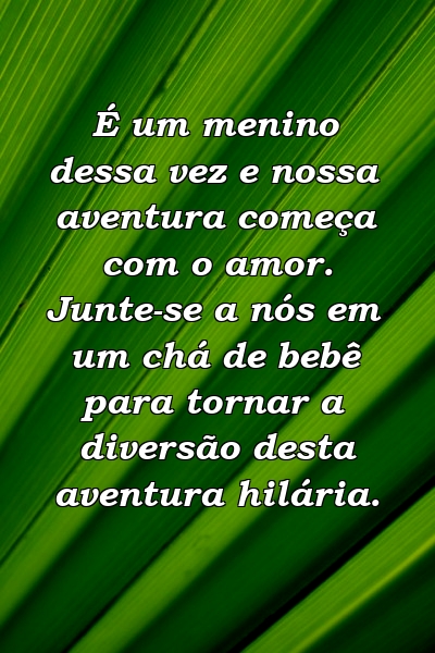 É um menino dessa vez e nossa aventura começa com o amor. Junte-se a nós em um chá de bebê para tornar a diversão desta aventura hilária.