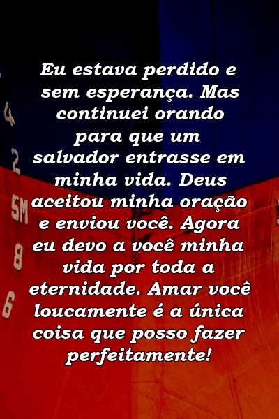 Eu estava perdido e sem esperança. Mas continuei orando para que um salvador entrasse em minha vida. Deus aceitou minha oração e enviou você. Agora eu devo a você minha vida por toda a eternidade. Amar você loucamente é a única coisa que posso fazer perfeitamente!