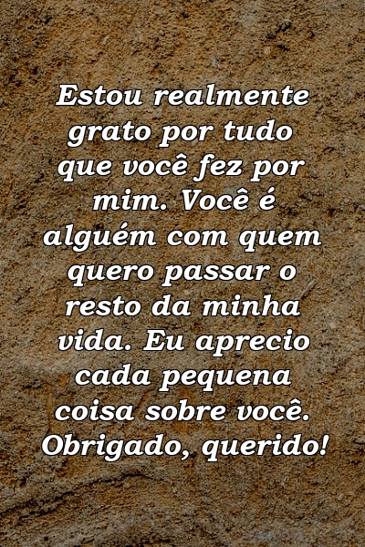 Estou realmente grato por tudo que você fez por mim. Você é alguém com quem quero passar o resto da minha vida. Eu aprecio cada pequena coisa sobre você. Obrigado, querido!