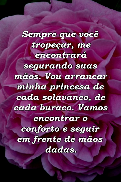 Sempre que você tropeçar, me encontrará segurando suas mãos. Vou arrancar minha princesa de cada solavanco, de cada buraco. Vamos encontrar o conforto e seguir em frente de mãos dadas.