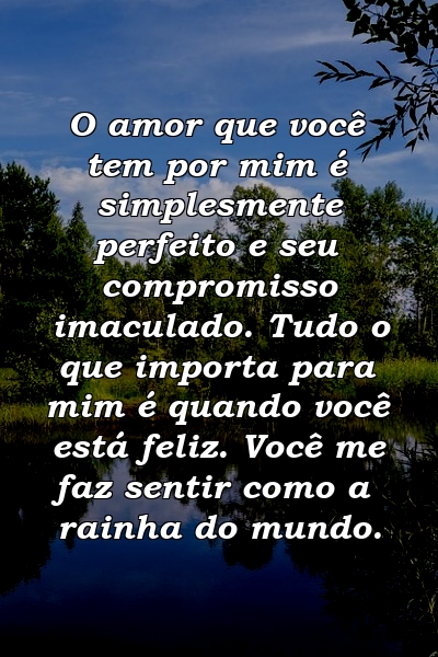 O amor que você tem por mim é simplesmente perfeito e seu compromisso imaculado. Tudo o que importa para mim é quando você está feliz. Você me faz sentir como a rainha do mundo.