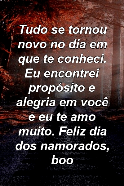 Tudo se tornou novo no dia em que te conheci. Eu encontrei propósito e alegria em você e eu te amo muito. Feliz dia dos namorados, boo