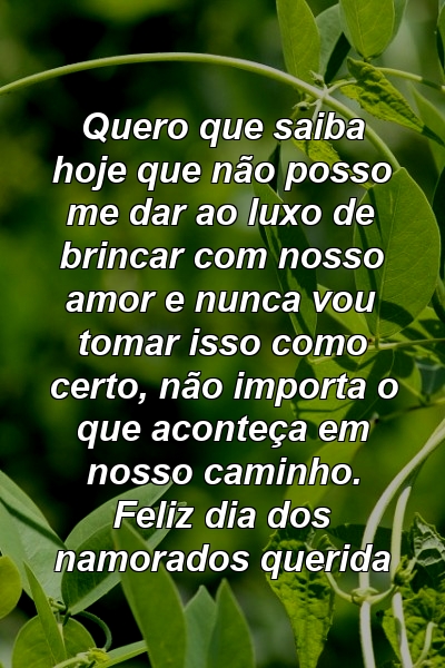 Quero que saiba hoje que não posso me dar ao luxo de brincar com nosso amor e nunca vou tomar isso como certo, não importa o que aconteça em nosso caminho. Feliz dia dos namorados querida