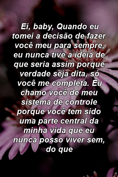 Ei, baby, Quando eu tomei a decisão de fazer você meu para sempre, eu nunca tive a ideia de que seria assim porque verdade seja dita, só você me completa. Eu chamo você de meu sistema de controle porque você tem sido uma parte central da minha vida que eu nunca posso viver sem, do que