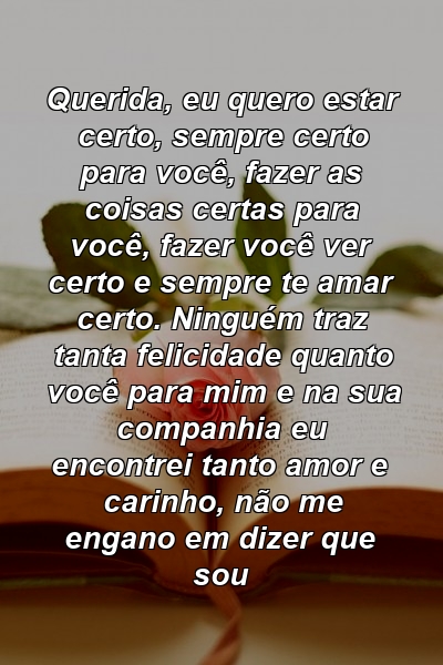 Querida, eu quero estar certo, sempre certo para você, fazer as coisas certas para você, fazer você ver certo e sempre te amar certo. Ninguém traz tanta felicidade quanto você para mim e na sua companhia eu encontrei tanto amor e carinho, não me engano em dizer que sou