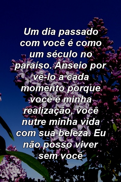 Um dia passado com você é como um século no paraíso. Anseio por vê-lo a cada momento porque você é minha realização, você nutre minha vida com sua beleza. Eu não posso viver sem você