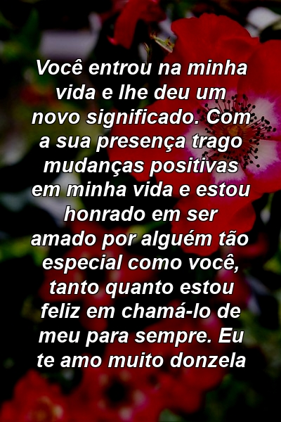 Você entrou na minha vida e lhe deu um novo significado. Com a sua presença trago mudanças positivas em minha vida e estou honrado em ser amado por alguém tão especial como você, tanto quanto estou feliz em chamá-lo de meu para sempre. Eu te amo muito donzela