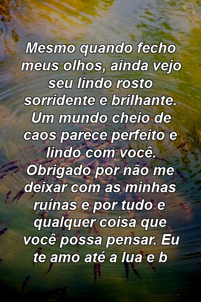 Mesmo quando fecho meus olhos, ainda vejo seu lindo rosto sorridente e brilhante. Um mundo cheio de caos parece perfeito e lindo com você. Obrigado por não me deixar com as minhas ruínas e por tudo e qualquer coisa que você possa pensar. Eu te amo até a lua e b