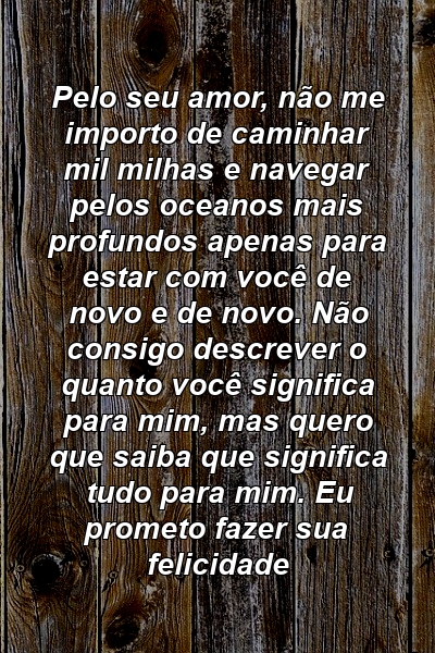 Pelo seu amor, não me importo de caminhar mil milhas e navegar pelos oceanos mais profundos apenas para estar com você de novo e de novo. Não consigo descrever o quanto você significa para mim, mas quero que saiba que significa tudo para mim. Eu prometo fazer sua felicidade