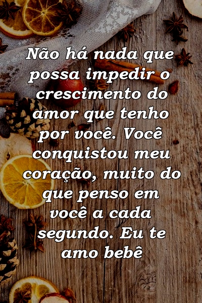 Não há nada que possa impedir o crescimento do amor que tenho por você. Você conquistou meu coração, muito do que penso em você a cada segundo. Eu te amo bebê