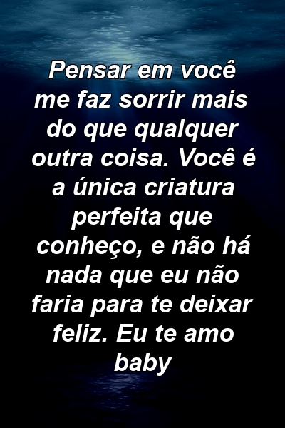 Pensar em você me faz sorrir mais do que qualquer outra coisa. Você é a única criatura perfeita que conheço, e não há nada que eu não faria para te deixar feliz. Eu te amo baby