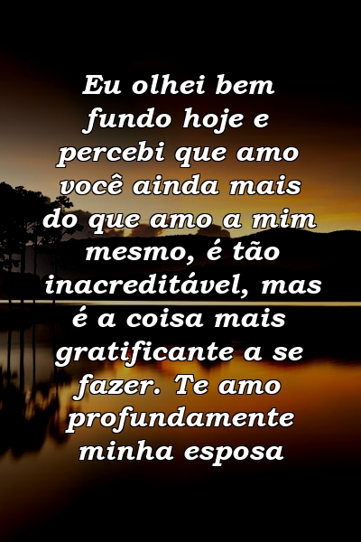 Eu olhei bem fundo hoje e percebi que amo você ainda mais do que amo a mim mesmo, é tão inacreditável, mas é a coisa mais gratificante a se fazer. Te amo profundamente minha esposa