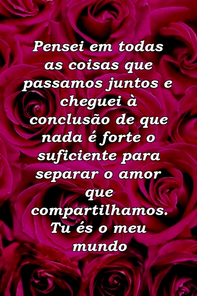 Pensei em todas as coisas que passamos juntos e cheguei à conclusão de que nada é forte o suficiente para separar o amor que compartilhamos. Tu és o meu mundo