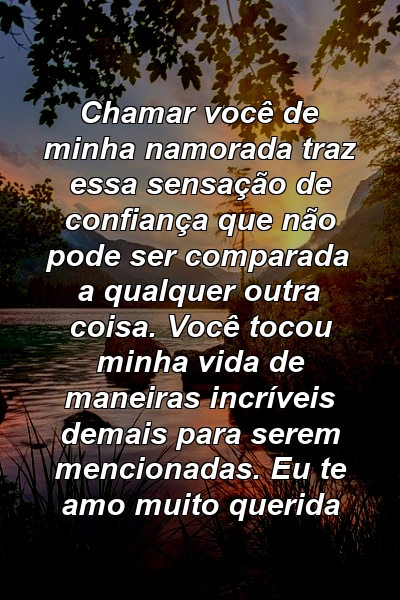 Chamar você de minha namorada traz essa sensação de confiança que não pode ser comparada a qualquer outra coisa. Você tocou minha vida de maneiras incríveis demais para serem mencionadas. Eu te amo muito querida