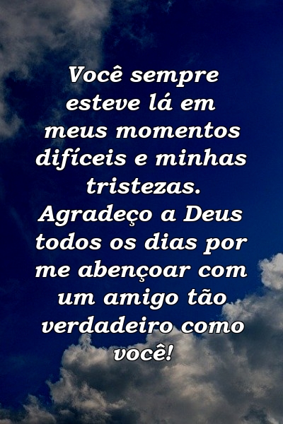 Você sempre esteve lá em meus momentos difíceis e minhas tristezas. Agradeço a Deus todos os dias por me abençoar com um amigo tão verdadeiro como você!