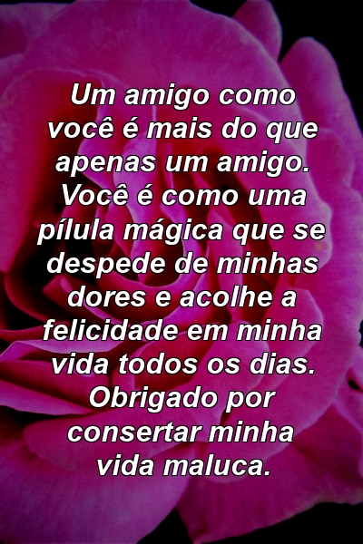 Um amigo como você é mais do que apenas um amigo. Você é como uma pílula mágica que se despede de minhas dores e acolhe a felicidade em minha vida todos os dias. Obrigado por consertar minha vida maluca.