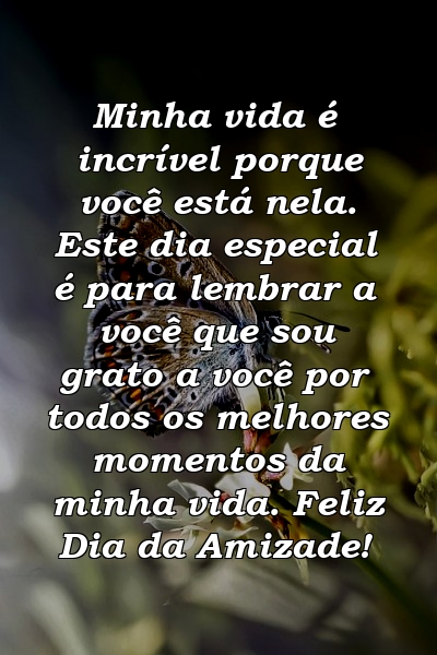 Minha vida é incrível porque você está nela. Este dia especial é para lembrar a você que sou grato a você por todos os melhores momentos da minha vida. Feliz Dia da Amizade!