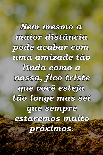 Nem mesmo a maior distância pode acabar com uma amizade tão linda como a nossa, fico triste que você esteja tão longe mas sei que sempre estaremos muito próximos.